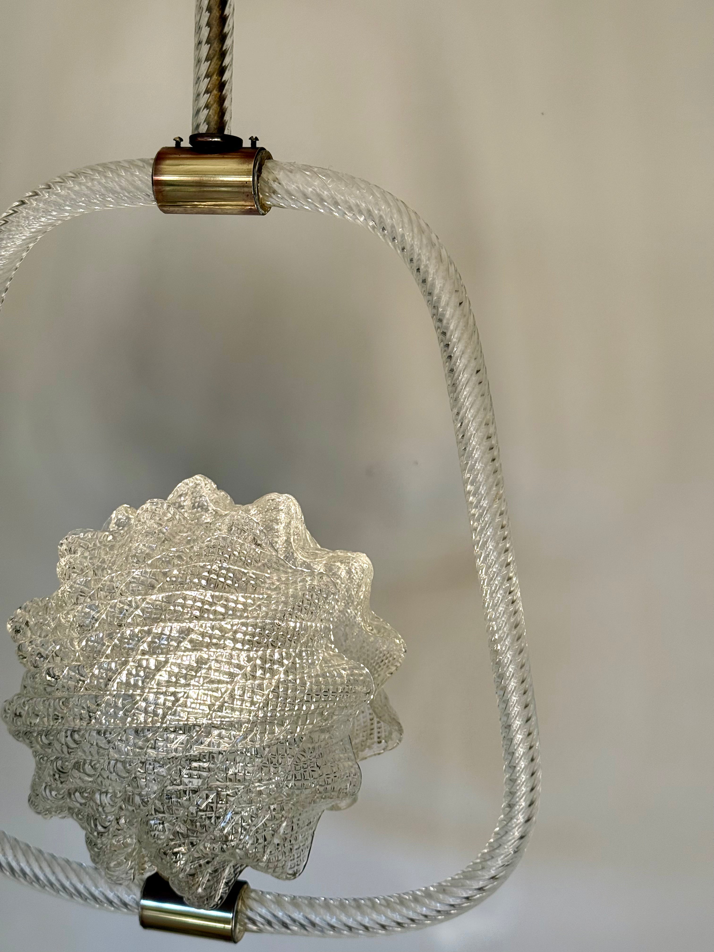 A close-up of a hanging light fixture with a clear textured glass shade and a curved clear glass frame, suspended by twisted rope cords with brass metal hardware against a light neutral background.