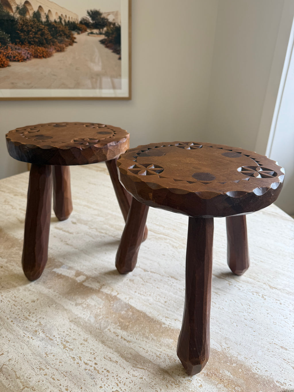 Brutalist Carved French Tabouret Stool