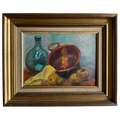 Framed still life painting with a bowl, bottle, and fruits on a white background