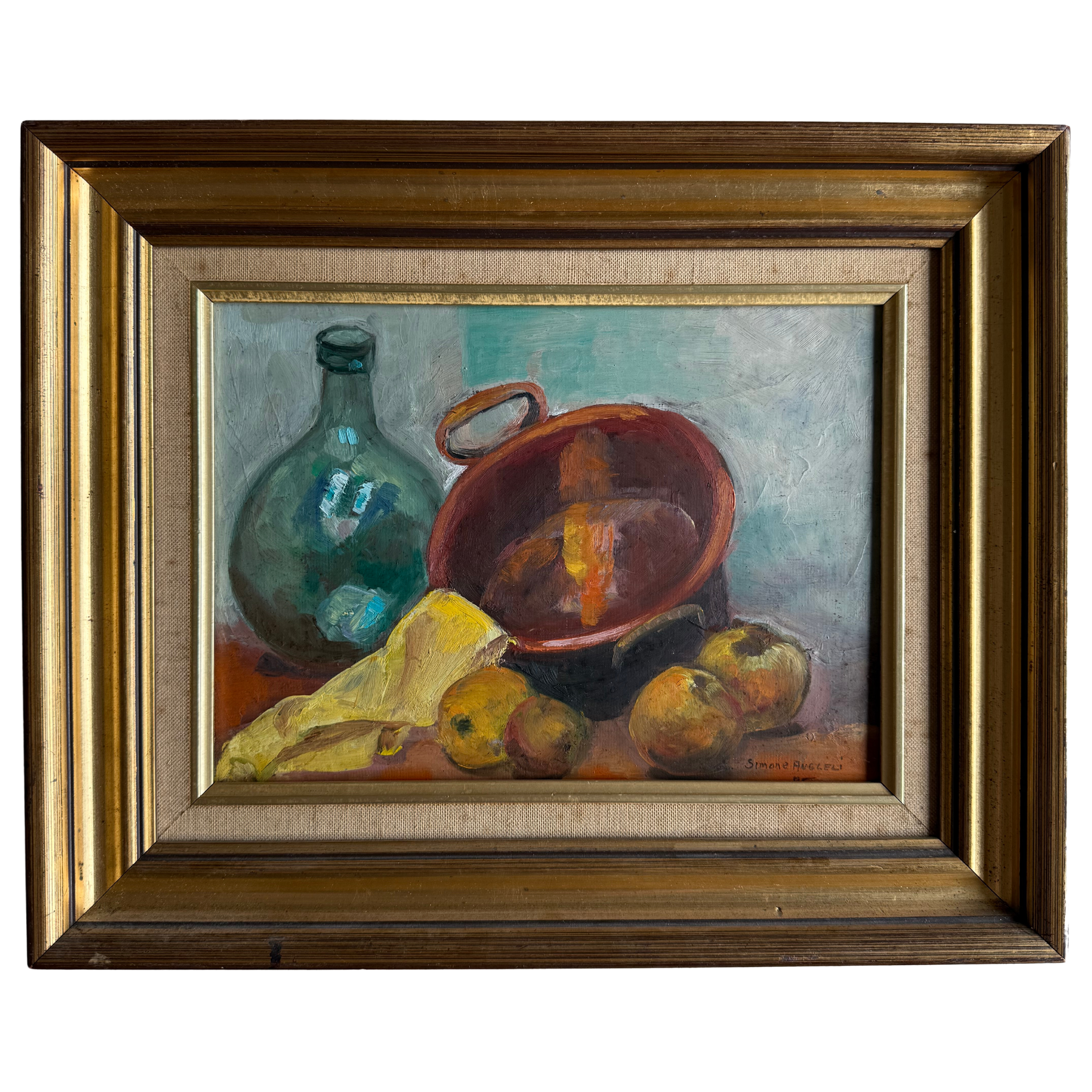 Framed still life painting with a bowl, bottle, and fruits on a white background