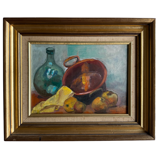 Framed still life painting with a bowl, bottle, and fruits on a white background
